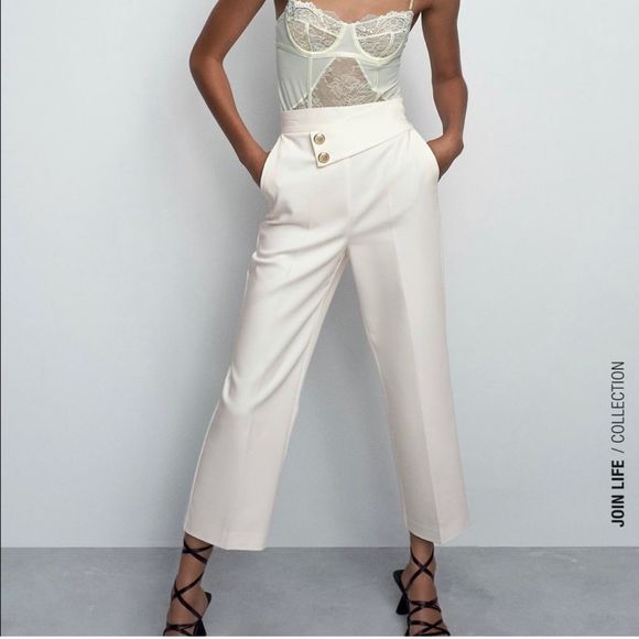 ZARA White High Waisted Gold Button Pant || SZ XS - Picture 3 of 17